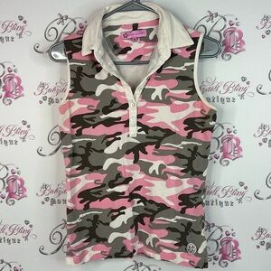 Sandy Elliot tank top collared y2k pink  Women's Camouflage Sleeveless Polo